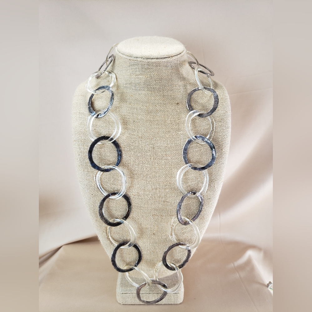 Vintage Cecile Jeanne Paris Iridescent Gunmetal and Clear Large Hoops Necklace